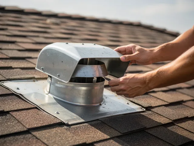 Stoneham Dryer Vent Cleaning certified technician safely cleaning a roof-mounted dryer vent in Stoneham
