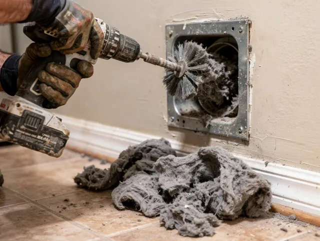 Certified Stoneham Dryer Vent Cleaning technician performing dryer vent cleaning in Stoneham