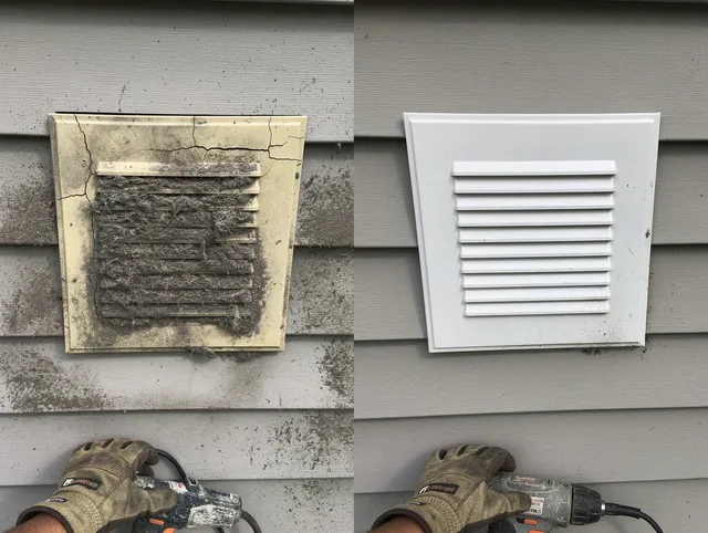 Stoneham Dryer Vent Cleaning technician installing high-quality dryer vent cover at a residential property in Stoneham