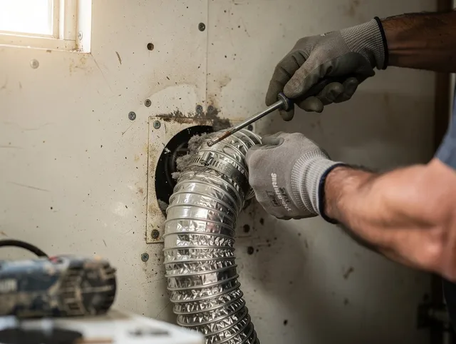 Stoneham Dryer Vent Cleaning technician performing precise dryer vent hose installation in Stoneham